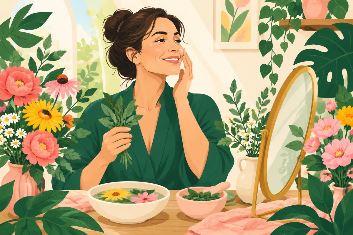 Uplifting wellness illustration for Botanical body care: a little lotion, a little time for you