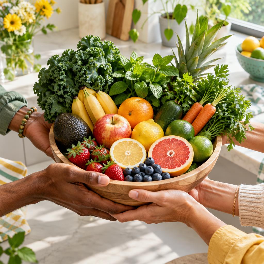 People sharing a colorful bowl of whole fruits and vegetables